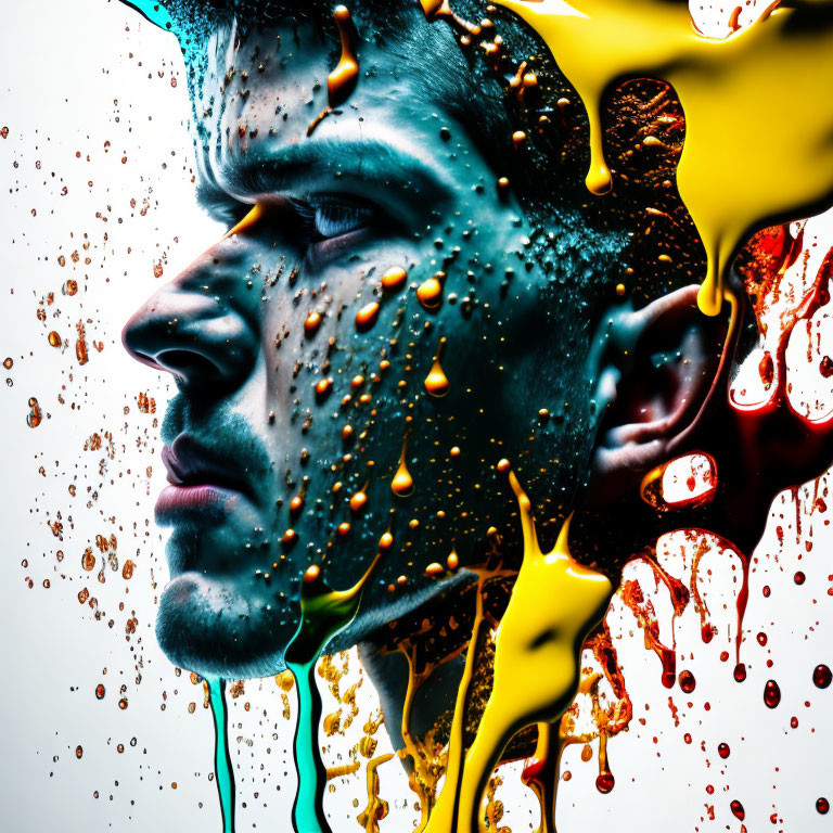 Vibrant man profile with colorful liquid splashes on white background