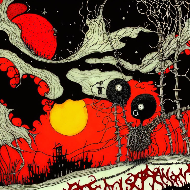 Surreal red and black illustration: moon circles, fantastical trees, and dreamlike figures