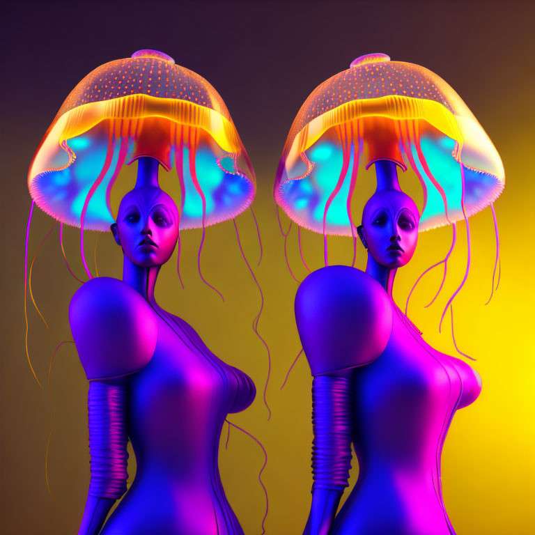 Jellyfish-headed humanoid figures on purple and yellow background