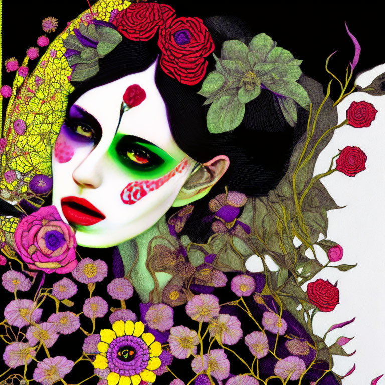 Colorful floral makeup portrait on black background