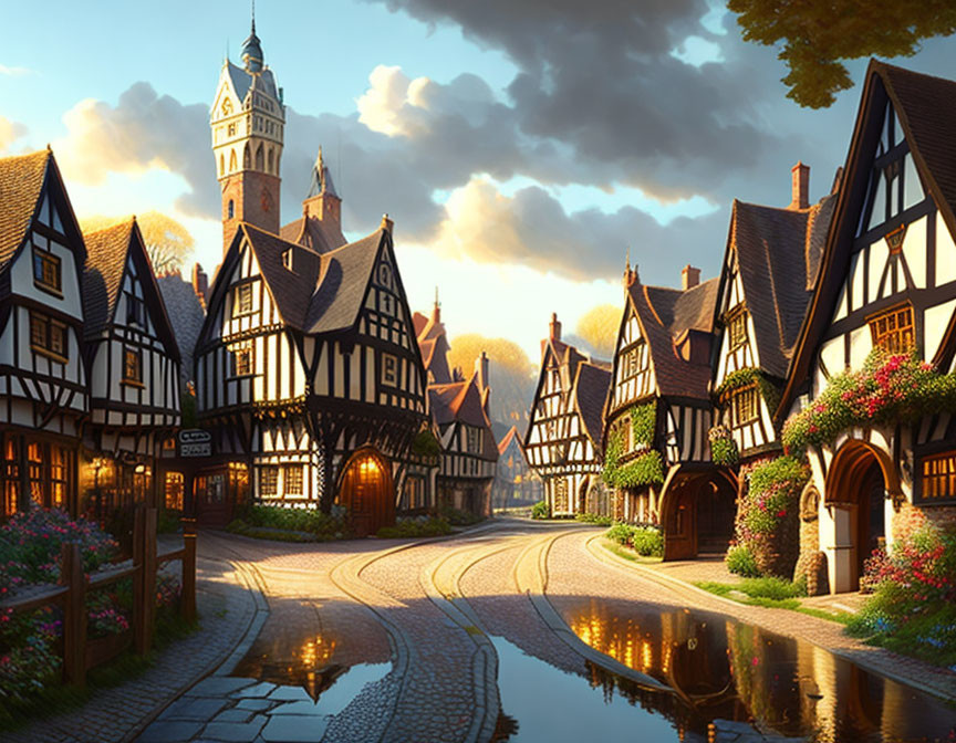 Quaint cobblestone street with half-timbered houses and tower view