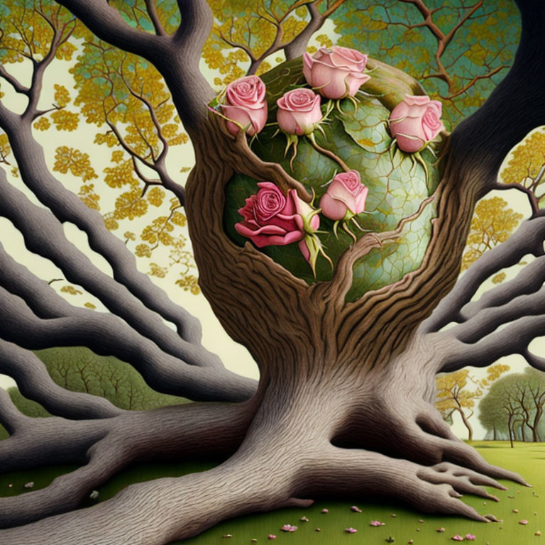 Surreal illustration of large tree with globe-shaped branches and pink roses on serene backdrop