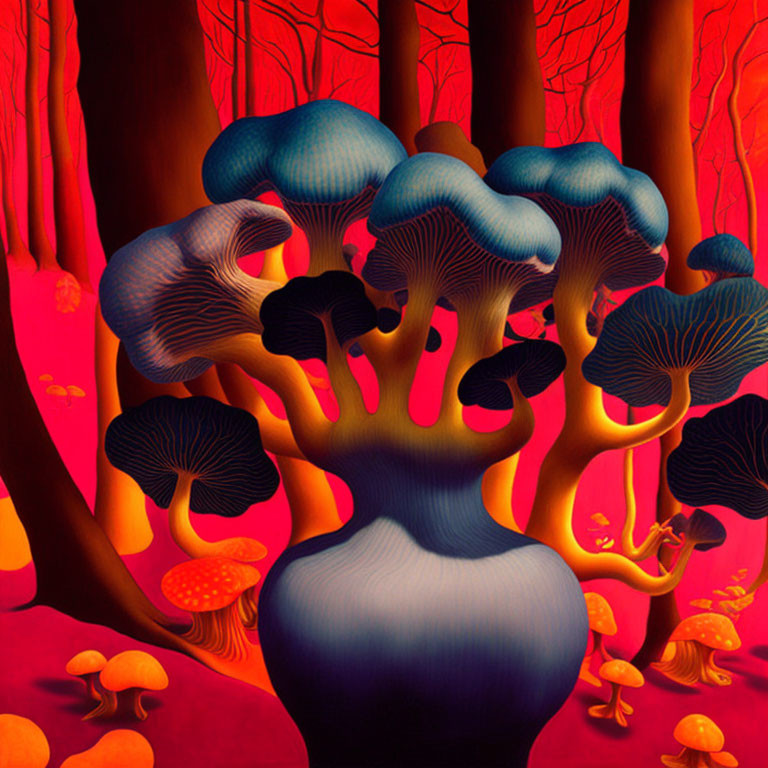 Surreal artwork: Vase morphs into blue mushroom-like structures