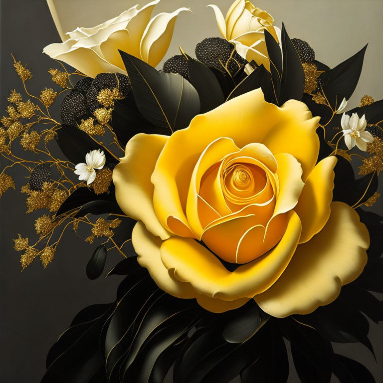 Yellow Rose Surrounded by White Flowers and Black Leaves on Gray Background