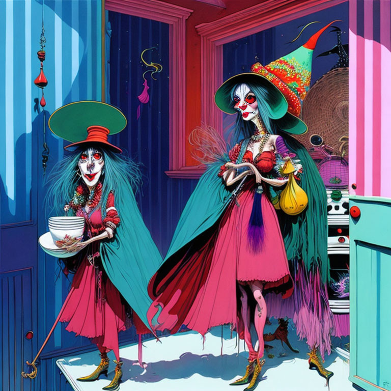 Whimsical colorful clown-like characters in vibrant room with quirky decor