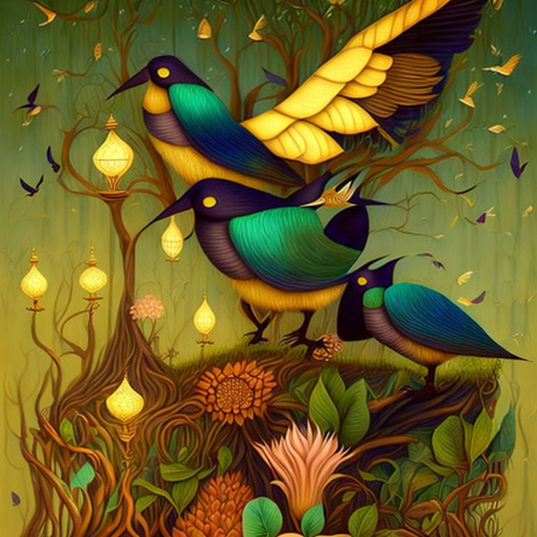 Colorful bird illustrations on glowing branch with lanterns in lush setting