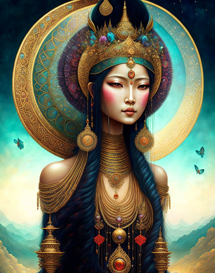Illustrated female figure with ornate headdress and butterflies in mountainous setting