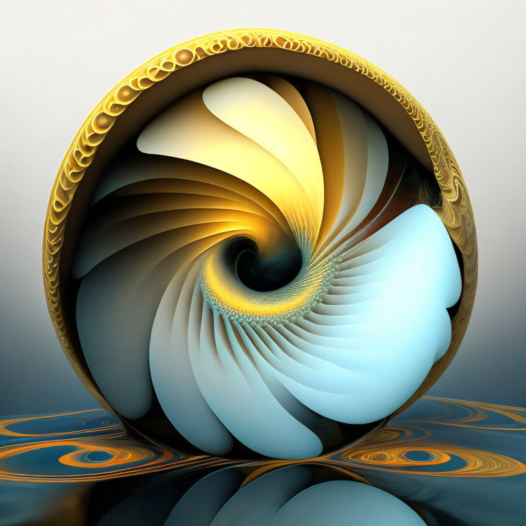 Fractal spiral pattern in gold, cream, and blue on glossy surface