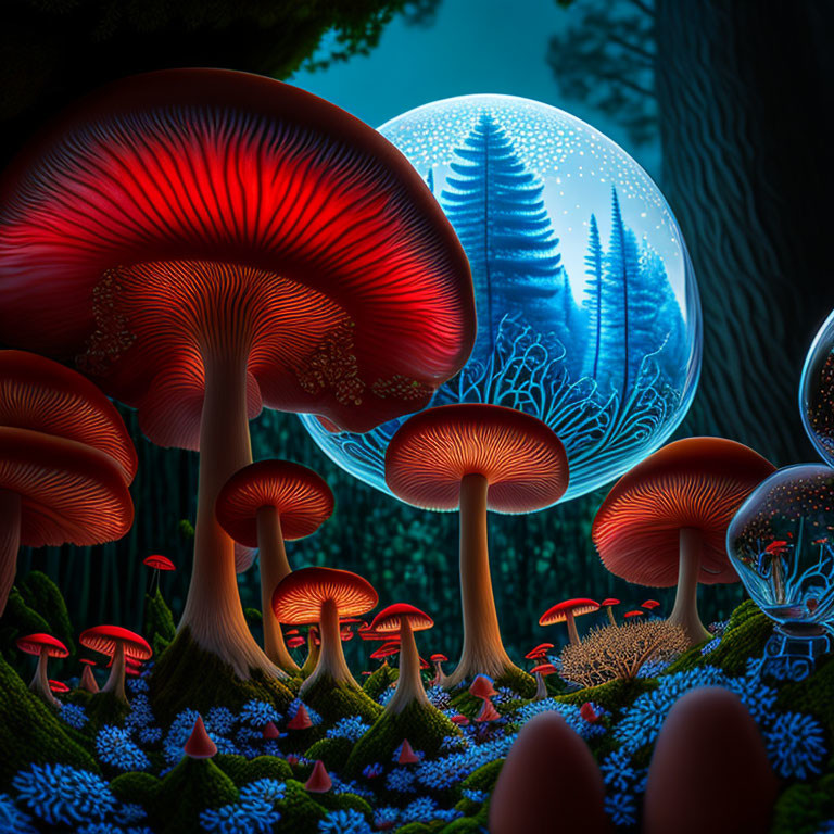 Enchanting forest scene with glowing red mushrooms and tree-etched bubbles