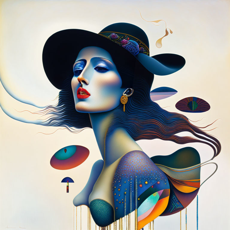 Surreal artwork of woman with blue skin, hat, and floating eyes