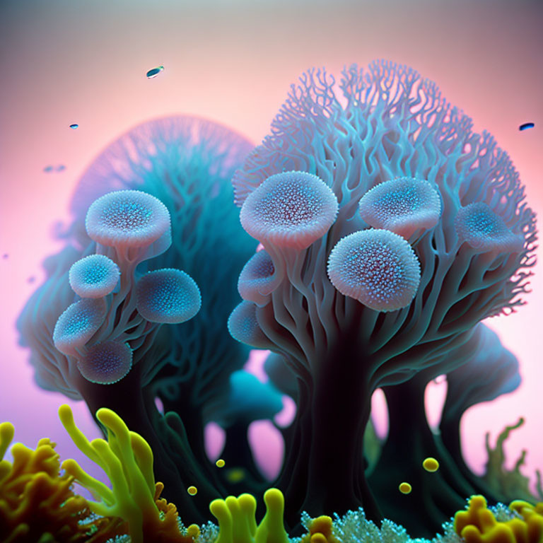 Colorful neon coral illustration with smaller organisms on pink and orange backdrop