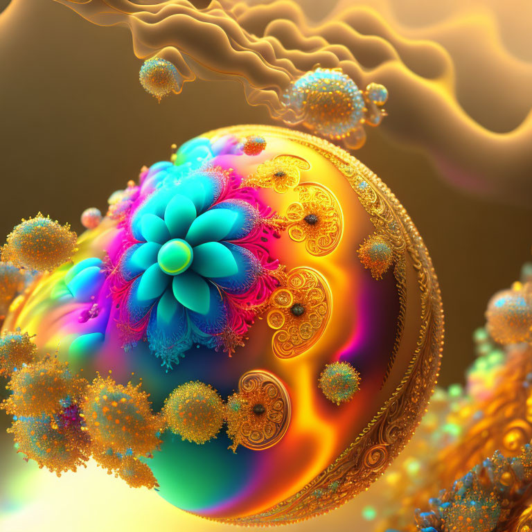 Colorful fractal art: intricate spherical patterns in gold, blue, and orange hues