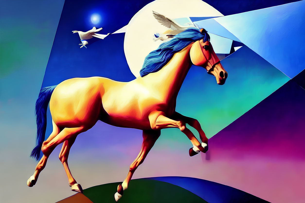 Colorful Digital Artwork: Mythical Unicorn with Bird and Geometric Shapes