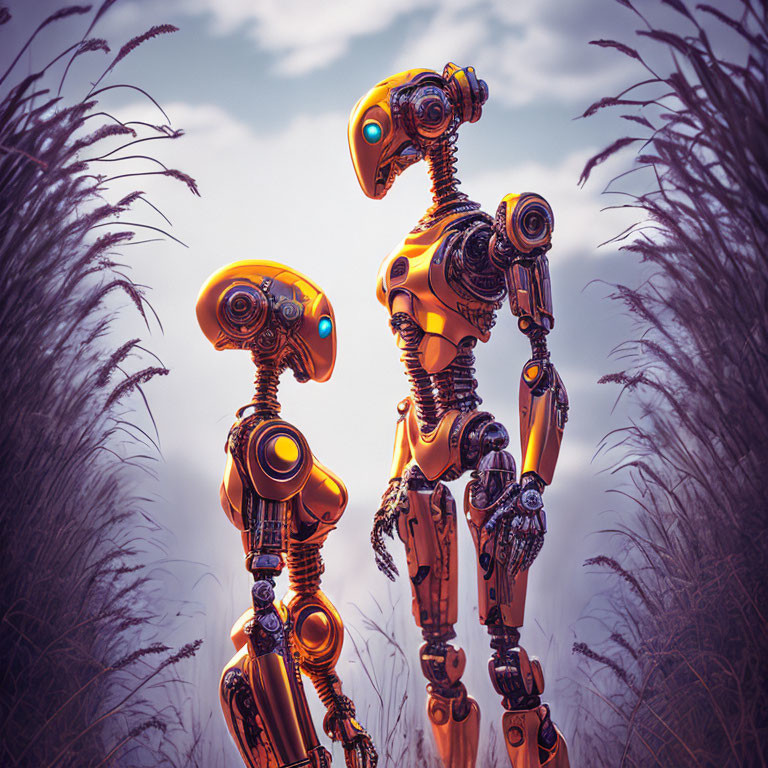 Orange and silver humanoid robots in tall grass under a cloudy sky