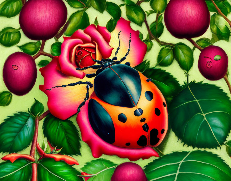 Detailed Ladybug on Pink Rose with Fruits and Leaves