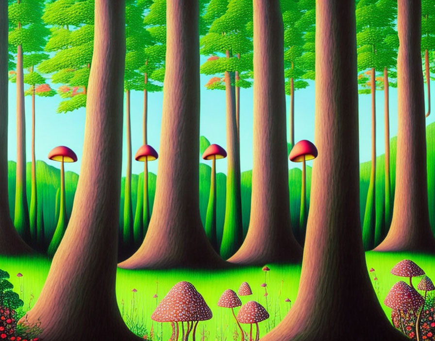 Vibrant forest scene with tall trees and red-capped mushrooms