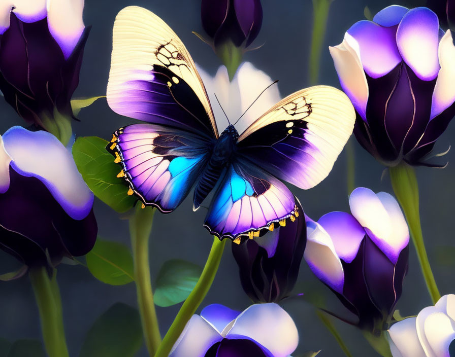 Colorful Butterfly Resting on Purple and White Flowers