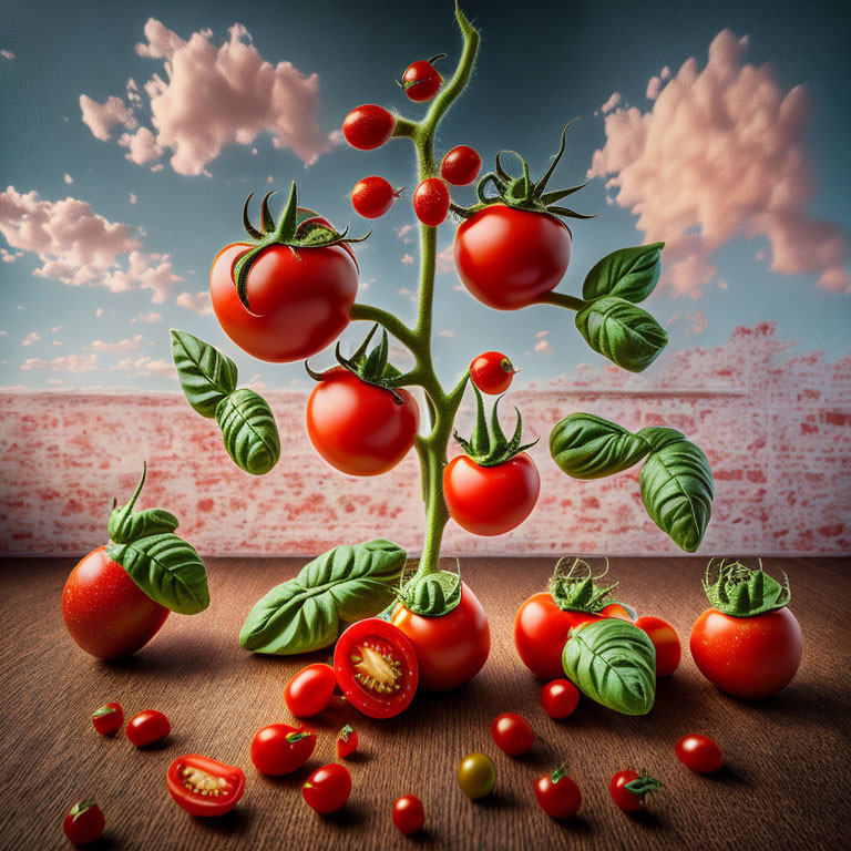 Colorful tomatoes at different ripeness stages against a sky backdrop.