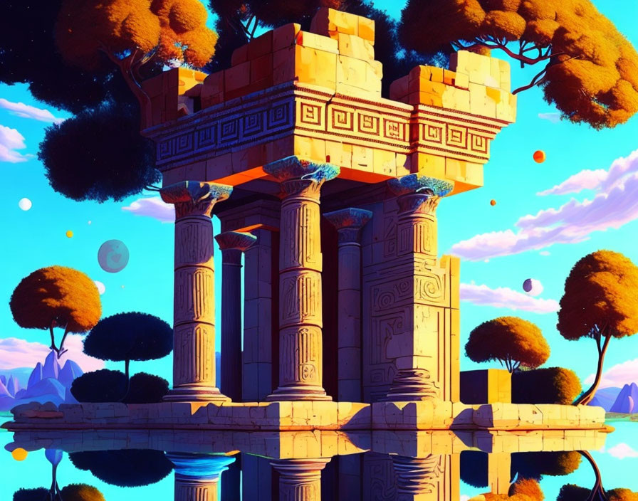 Illustration of ancient ruins with Greek columns in autumnal setting and surreal sky.