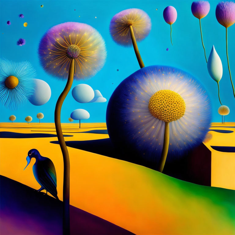 Vibrant surreal landscape with oversized plants, colorful hills, bird, balloons, and clouds