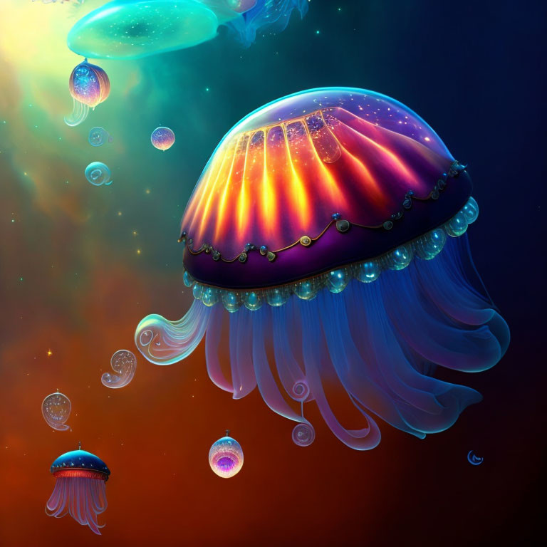 Vibrant jellyfish in gradient hues underwater with bubbles and smaller jellyfish