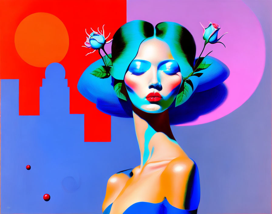 Blue-skinned woman with red lips and roses in hair against vibrant abstract background