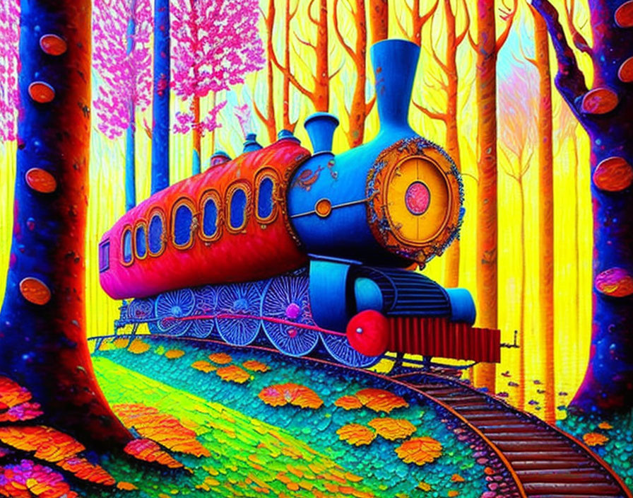 Colorful illustration: Whimsical train in enchanted forest