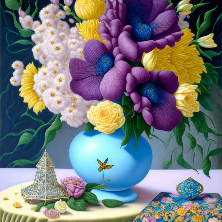 Colorful still life painting with blue vase, flowers, Eiffel Tower, coins, butterfly,