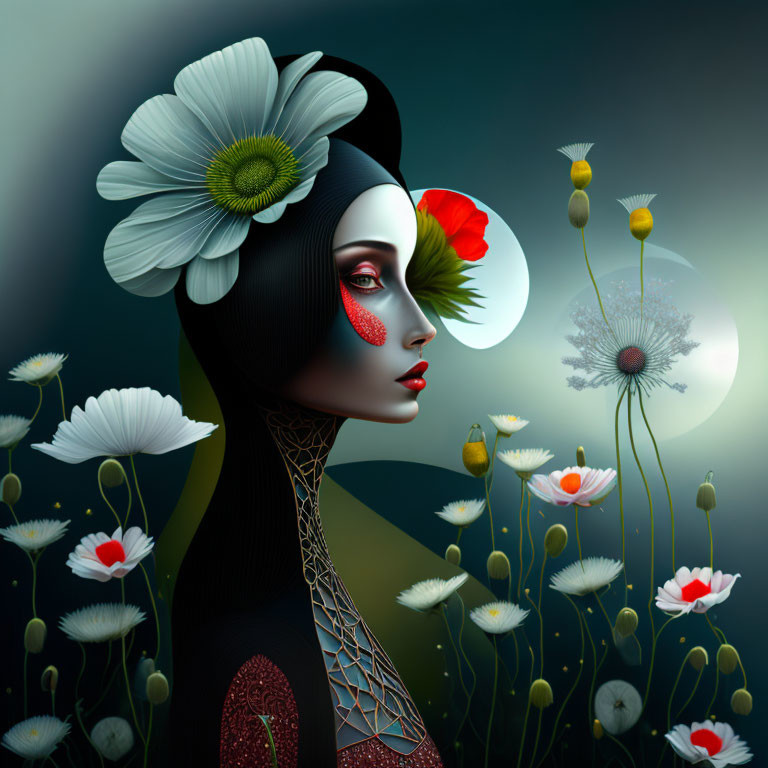 Woman with floral elements in surreal illustration