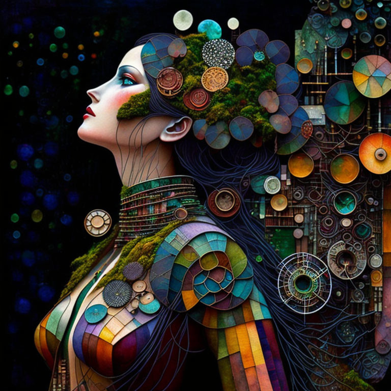 Colorful digital artwork of woman with cosmic and natural elements.