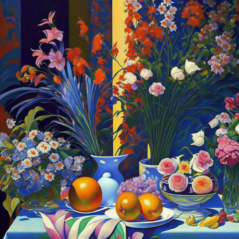 Colorful still-life painting with flowers, fruits, and patterns on dark blue and yellow background