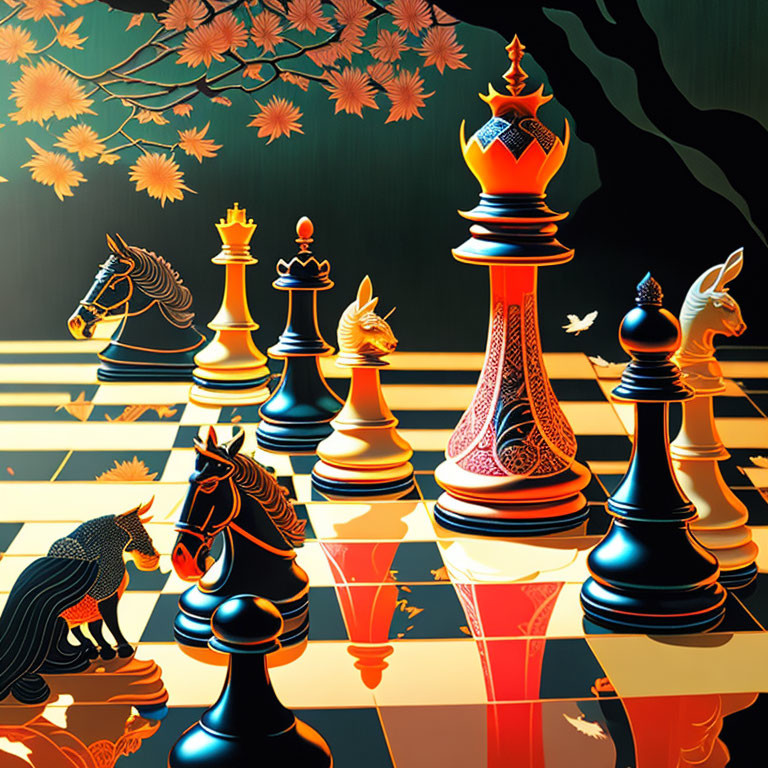 Stylized chessboard with ornate pieces in autumnal setting