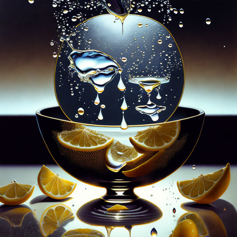 Vibrant lemon slices in glass bowl with water splashes on circular backdrop