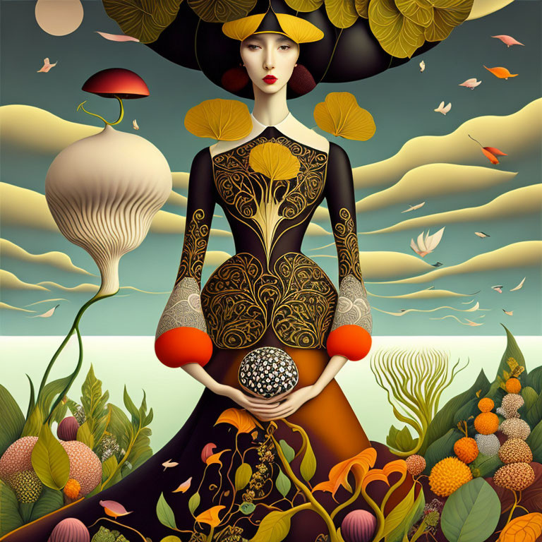 Stylized portrait of woman in surreal autumn scene