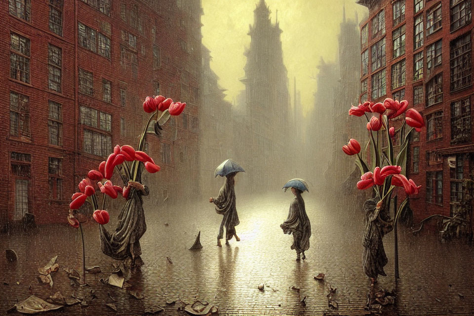 Three umbrella-headed figures in poppy-like cloaks stroll down rainy, cobbled street.