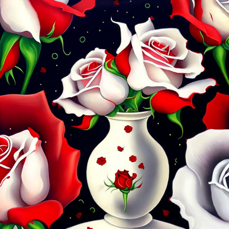 Colorful digital artwork of white and red roses in a vase on dark background