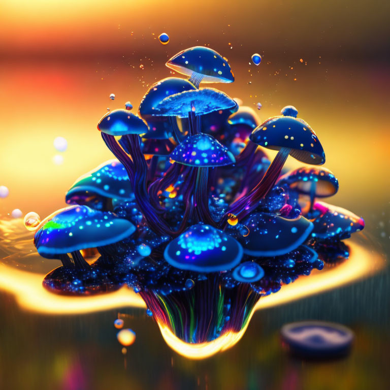 Neon blue mushrooms in digital artwork with bubbles on orange bokeh