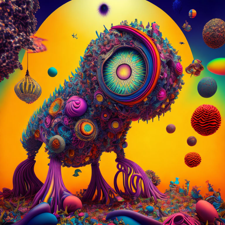 Colorful Psychedelic Alien Landscape with Fantastical Creature