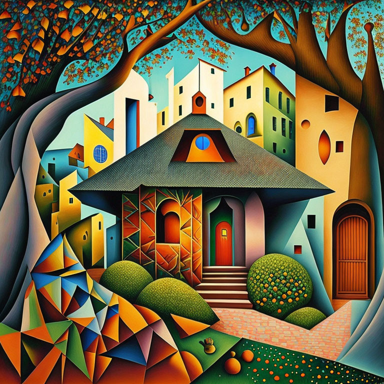 Colorful stylized painting of geometric village with prominent house