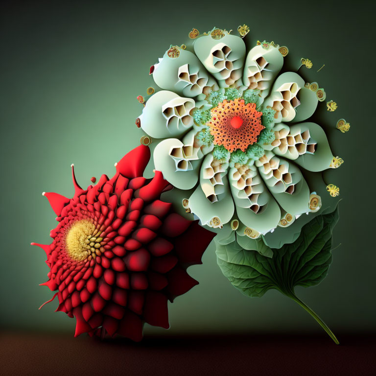 Stylized fractal flowers: red and green petals, green leaf, muted background