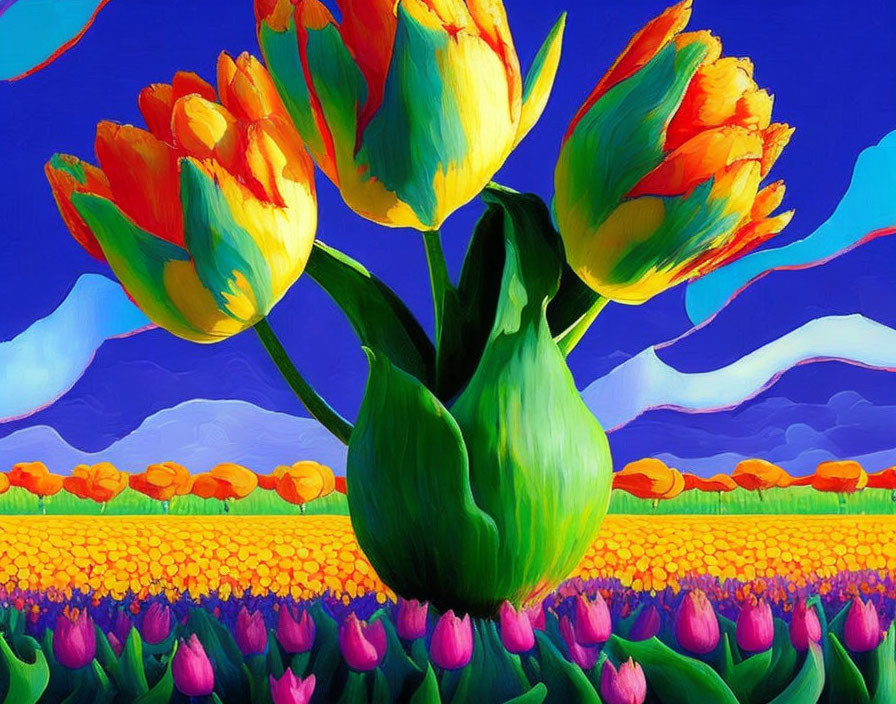 Colorful painting of orange tulips in vibrant tulip fields with blue mountains and bright sky