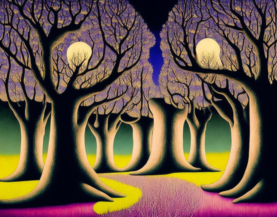 Surreal forest artwork with twisted trees and moons