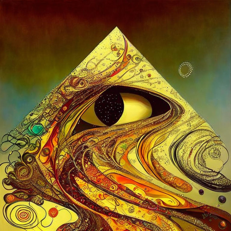 Stylized eye in triangular form with swirling patterns and warm colors