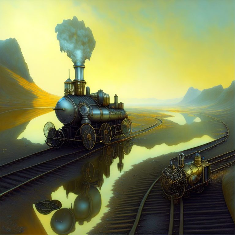 Vintage steam locomotive, miniature train, glasses on reflective golden landscape under yellow sky