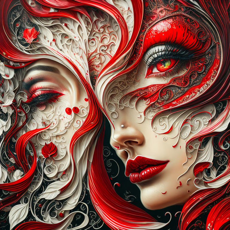 Stylized artistic image of woman's face with intricate red and white patterns