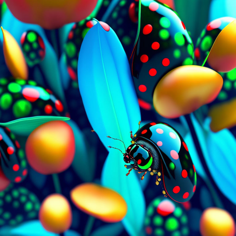 Detailed Ladybug on Leaf Surrounded by Colorful Abstract Shapes