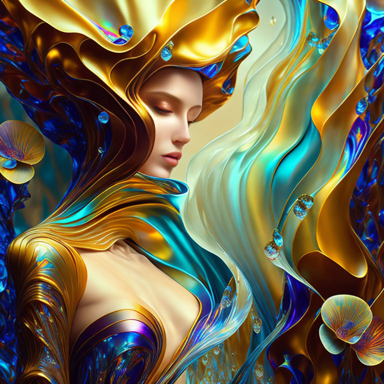 Fantastical portrait of a woman with golden and blue swirling patterns