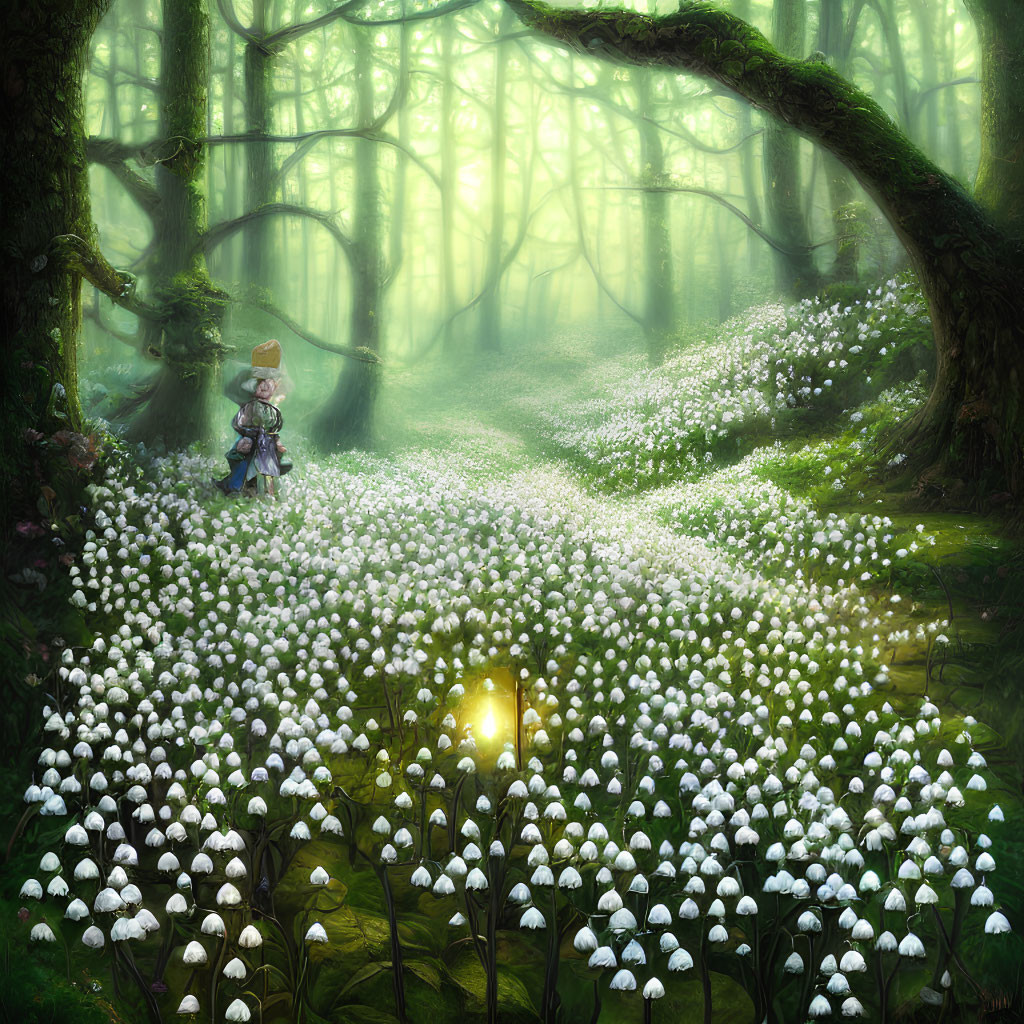 Enchanting forest scene with white flowers, twisted trees, mist, and a mysterious figure in a