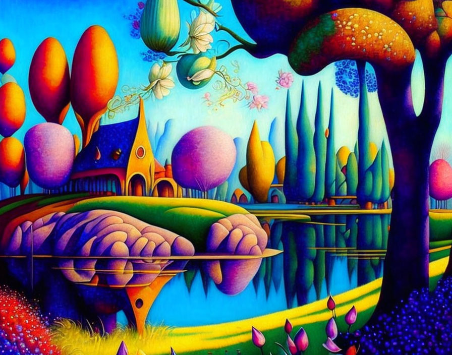 Colorful, Psychedelic Landscape with Whimsical Trees and River