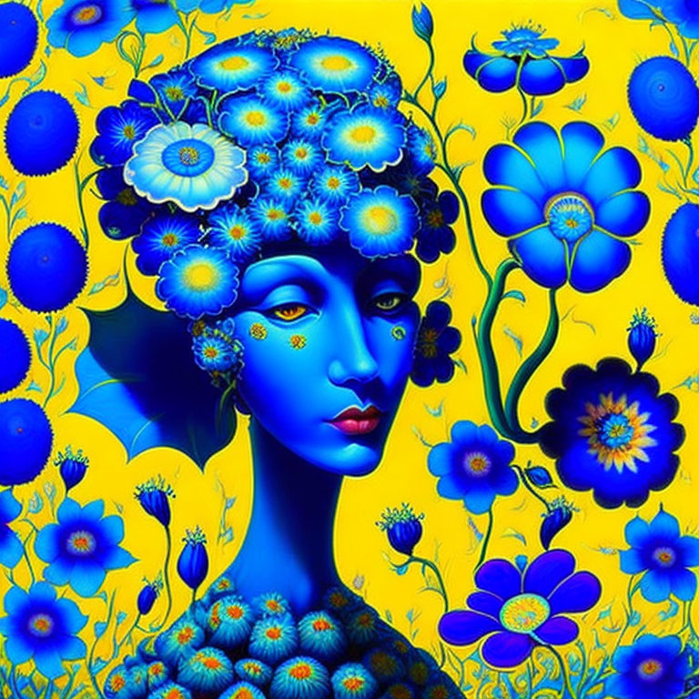 Surrealist Portrait of Blue Woman with Blue Flowers on Yellow Background